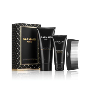 Kit Balmain Homme en édition limitée comprenant le Hair&Body Wash, le Styling Gel Medium et un peigne de poche